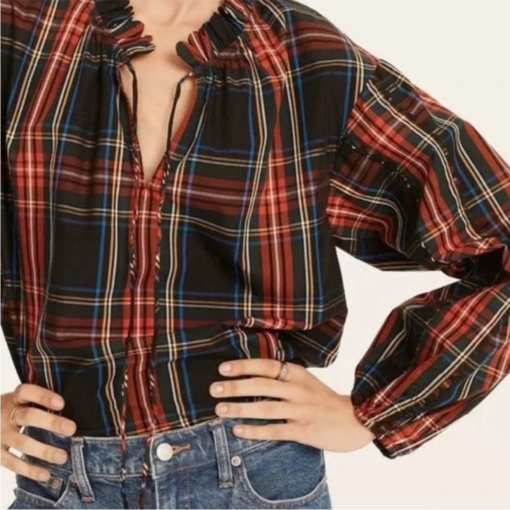 J.Crew Stewart Tartan Plaid Tie Neck Ruffle Blouse Top XS